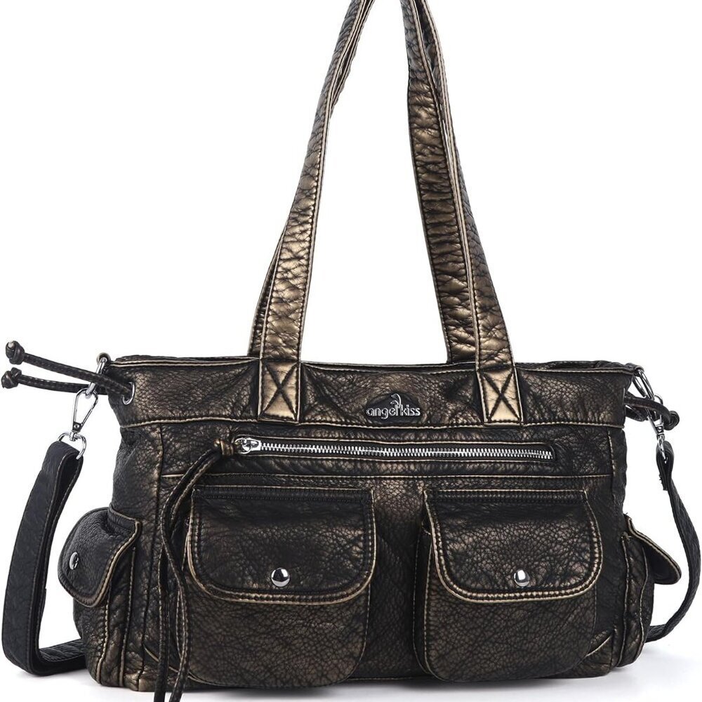 Vegan Leather Tote Bag with Multiple Pockets Shoulder Purse for Women